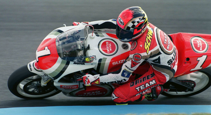 Schwantz at the 1994 British 500cc Motor Cycle Grand Prix at Donington Park. Photo credit: Anton Want/Allsport/Getty Images